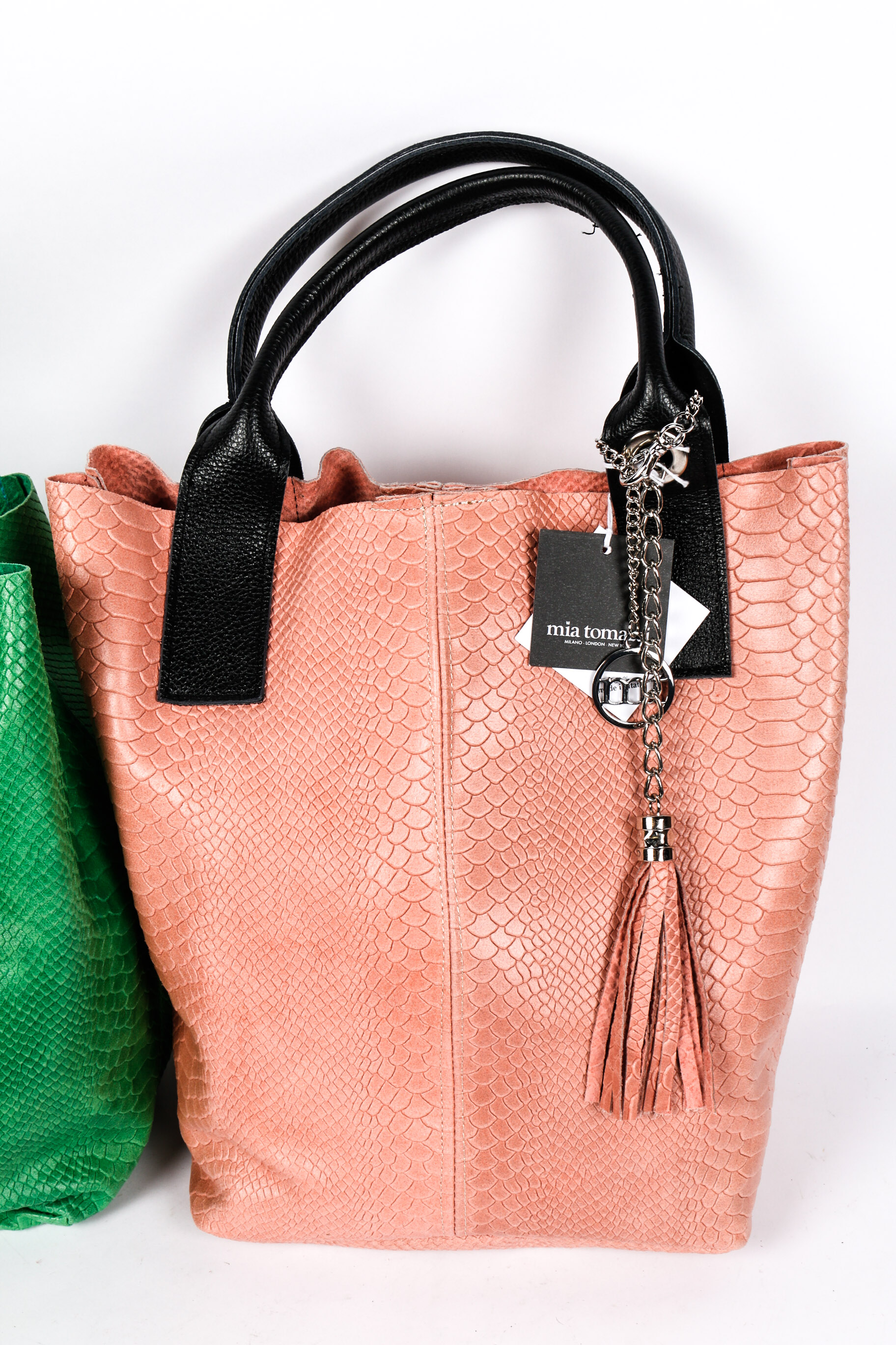 Pair of Leather Faux Snakeskin Handbags by Anna Morellini and Mia Tomazzi