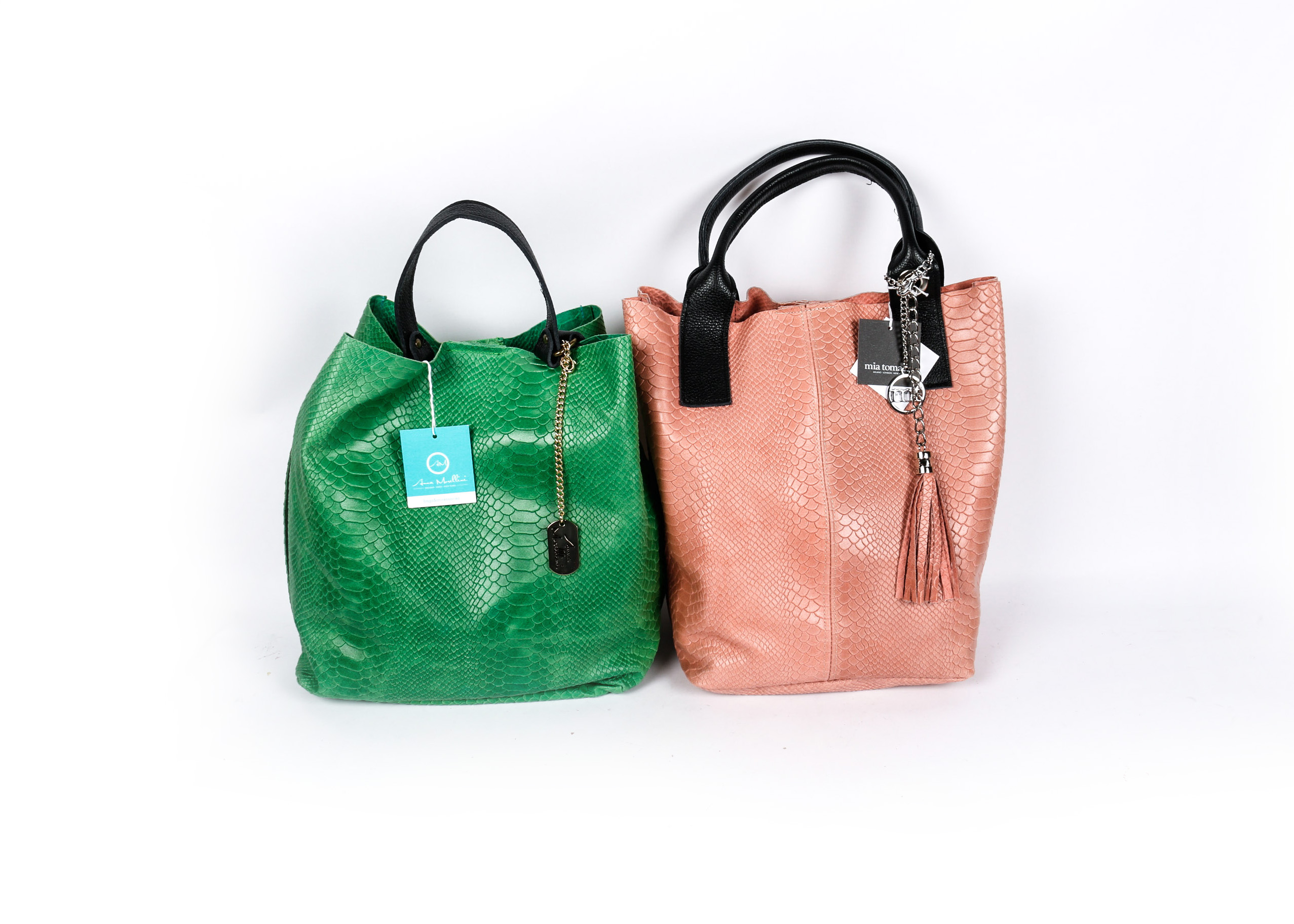 Pair of Leather Faux Snakeskin Handbags by Anna Morellini and Mia Tomazzi