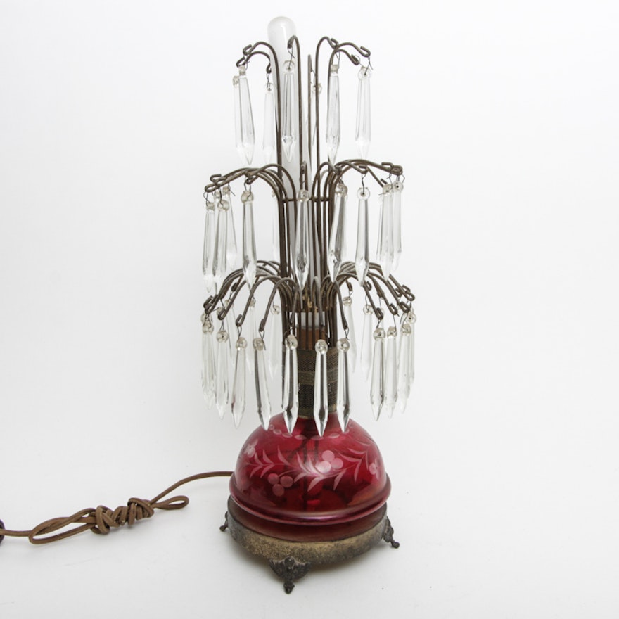 Vintage Table Lamp with Ruby Glass and Lusters