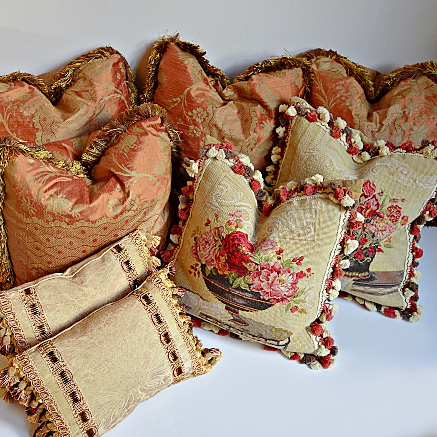 Eight Custom Down-Filled Pillows with Two Needlepoint