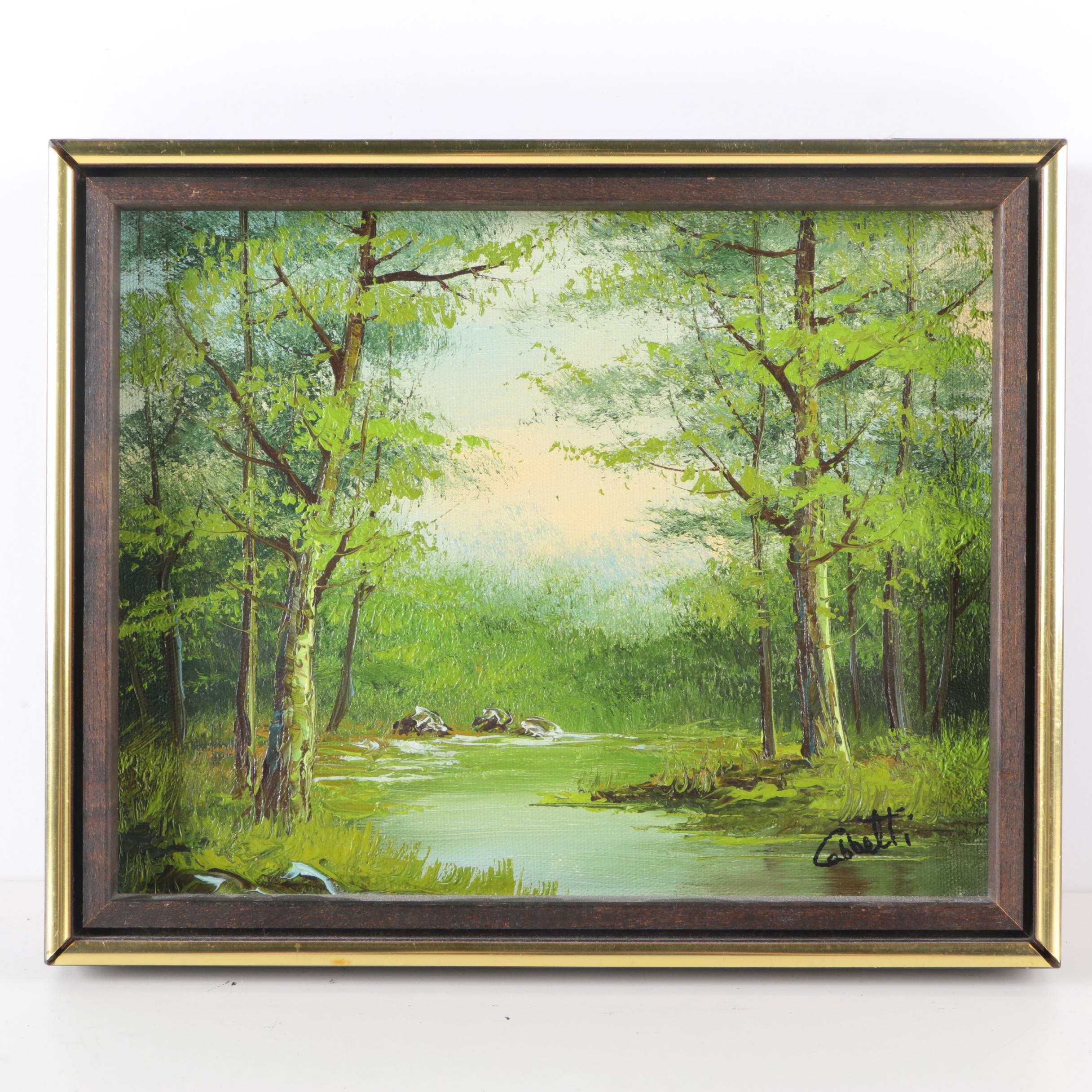 Original Oil On Canvas of Forest and River Signed Cabbetti