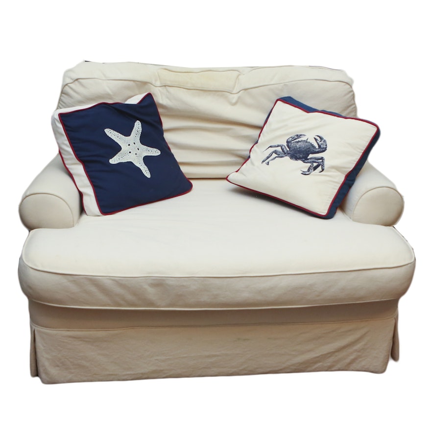 Mitchell Gold Oversized White Cotton Chair with Nautical Accent Pillows