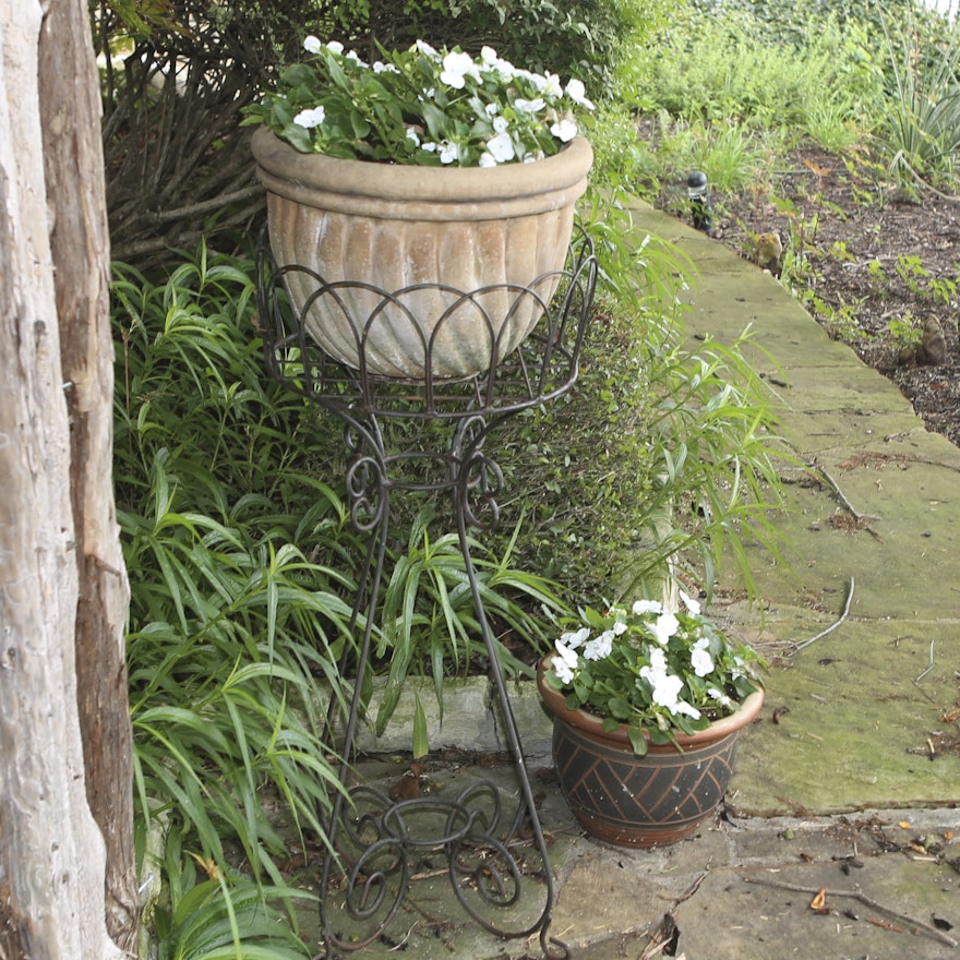 Two Planters with Metal Wire Plant Stand