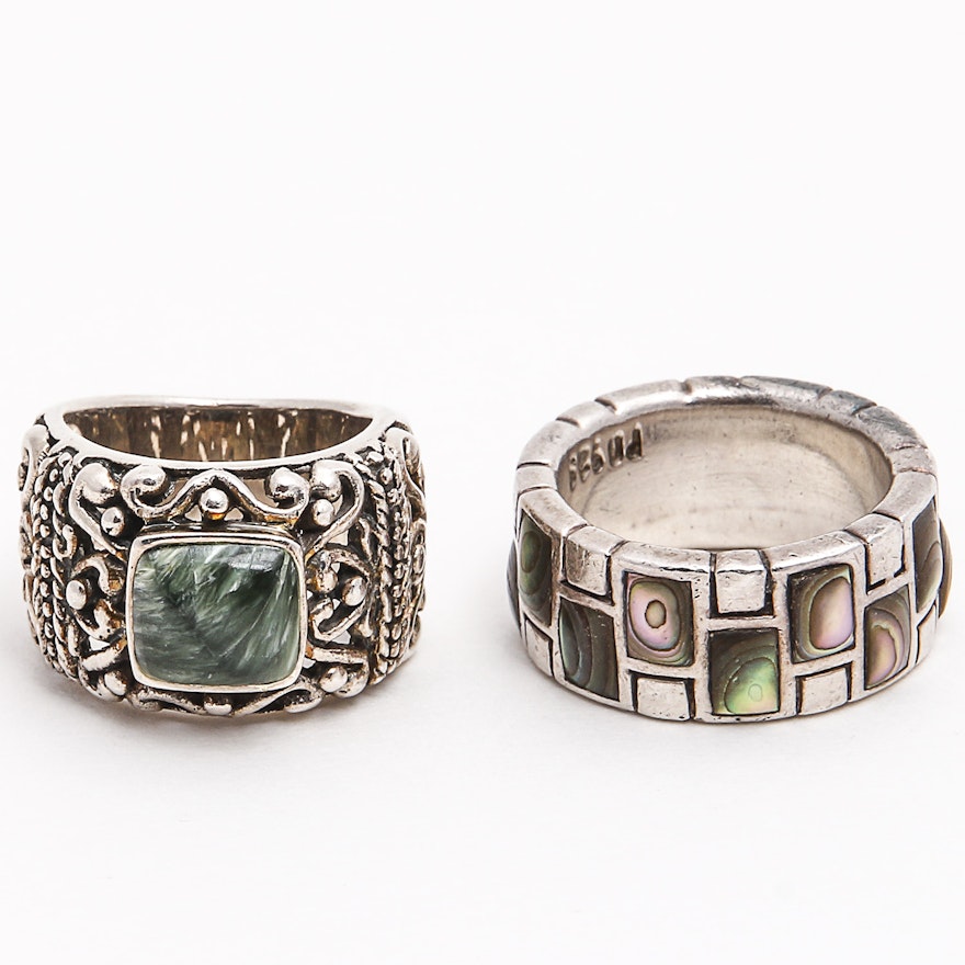 Pair of Sterling Silver Abalone and Seraphinite Rings
