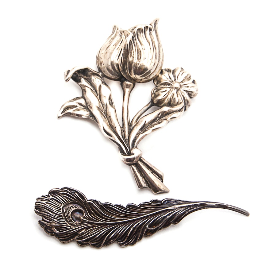 Sterling Silver Flower Brooch and 92.34% Silver Feather Brooch