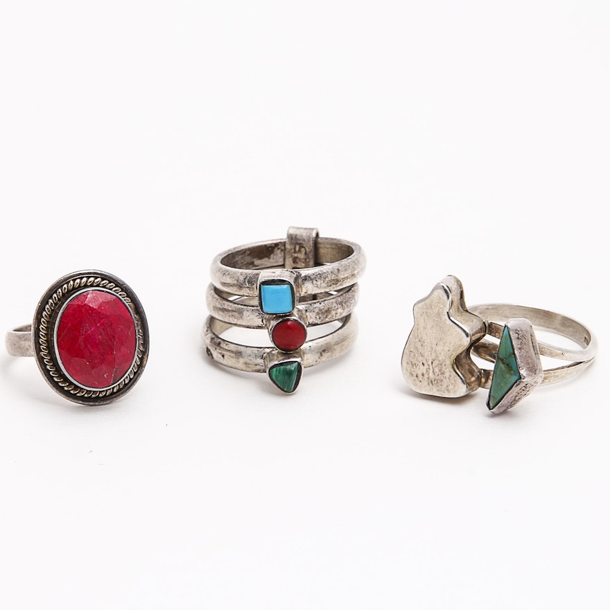 Three Sterling Rings Including Turquoise and Coral Accents