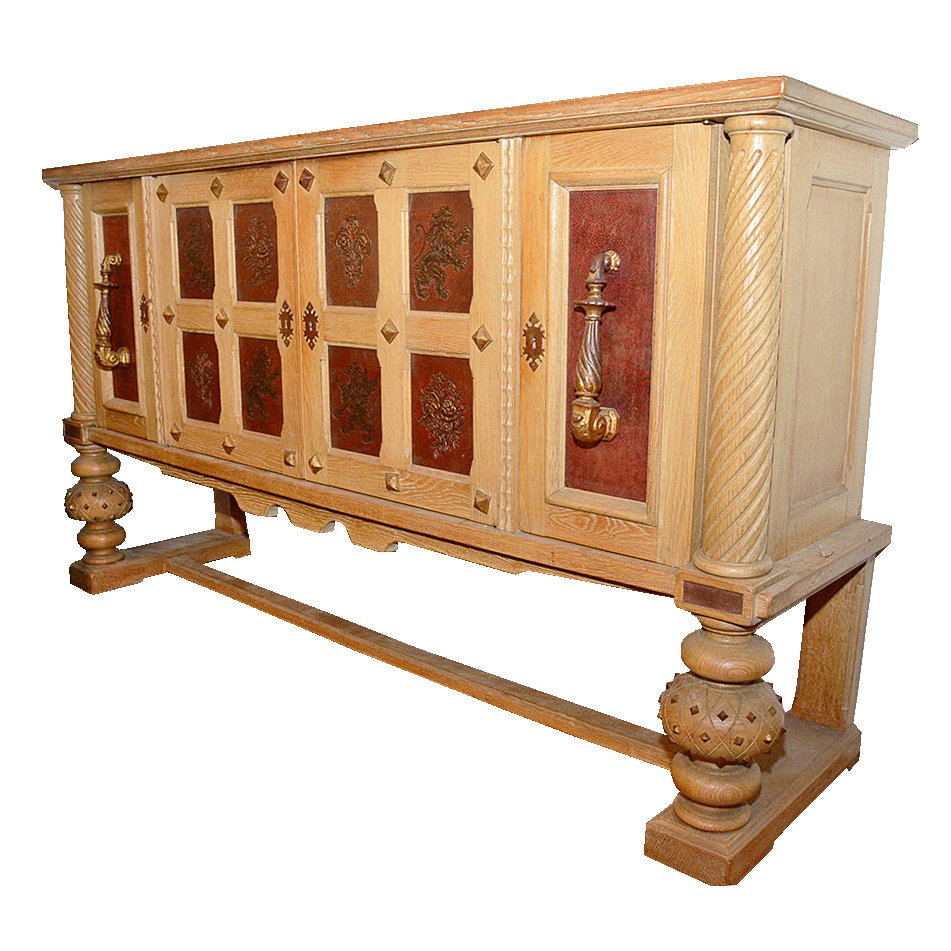 Large French Oak Buffet With Inlaid Tooled Leather Panels