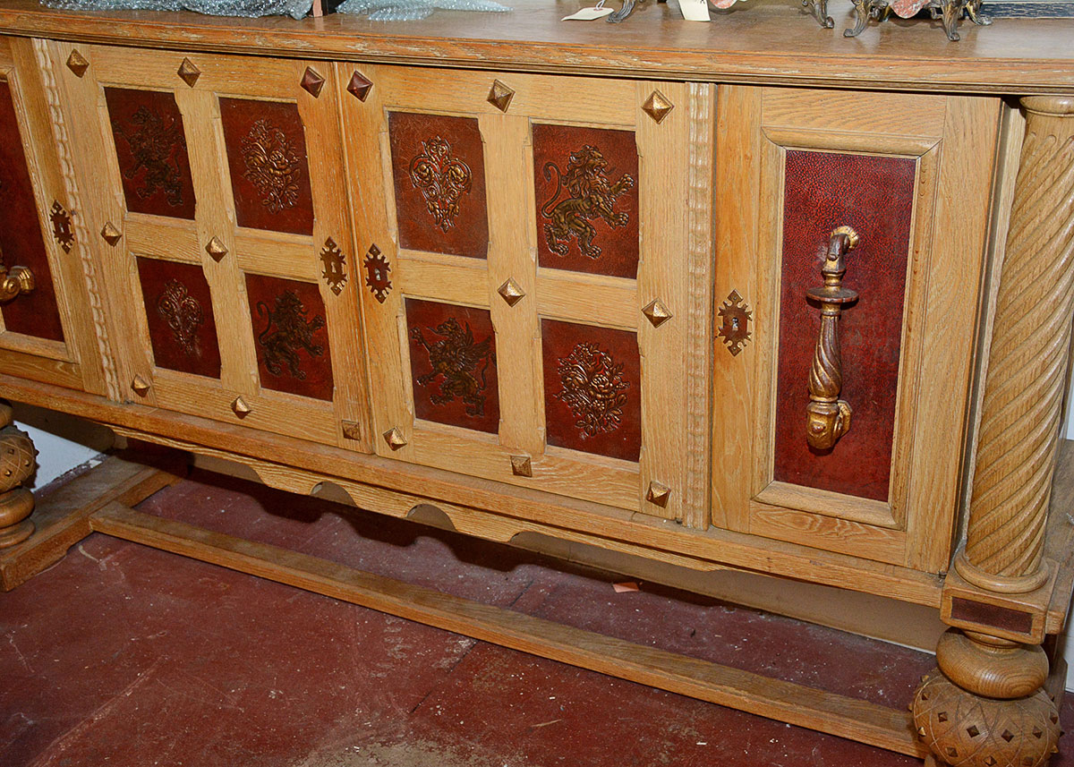 Large French Oak Buffet With Inlaid Tooled Leather Panels