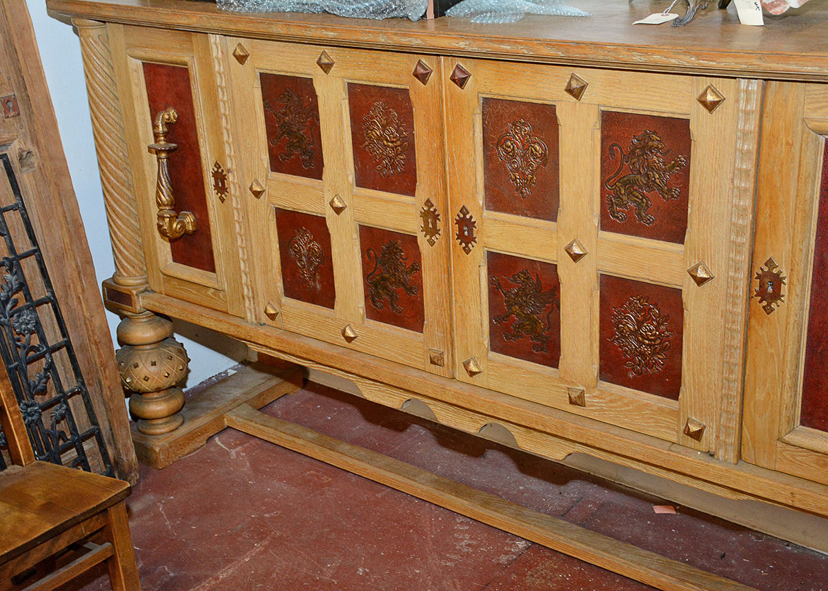 Large French Oak Buffet With Inlaid Tooled Leather Panels