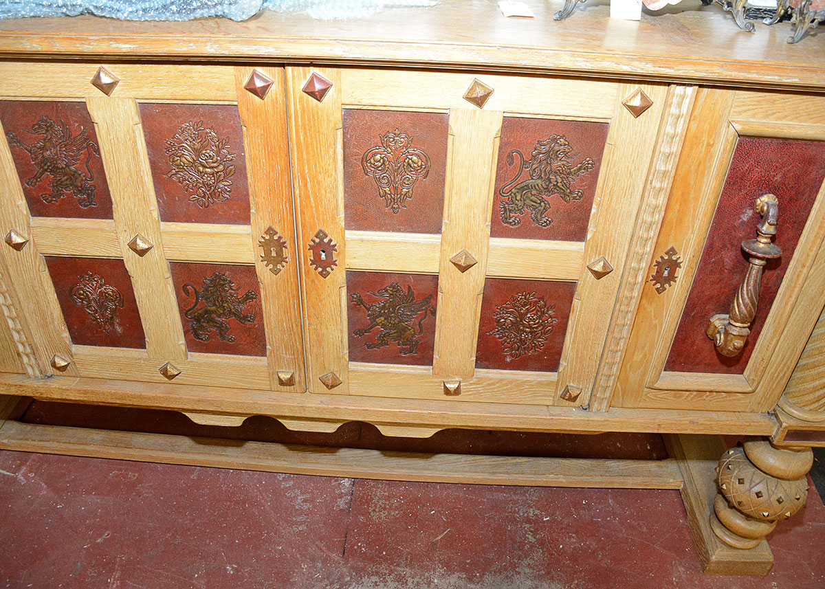 Large French Oak Buffet With Inlaid Tooled Leather Panels