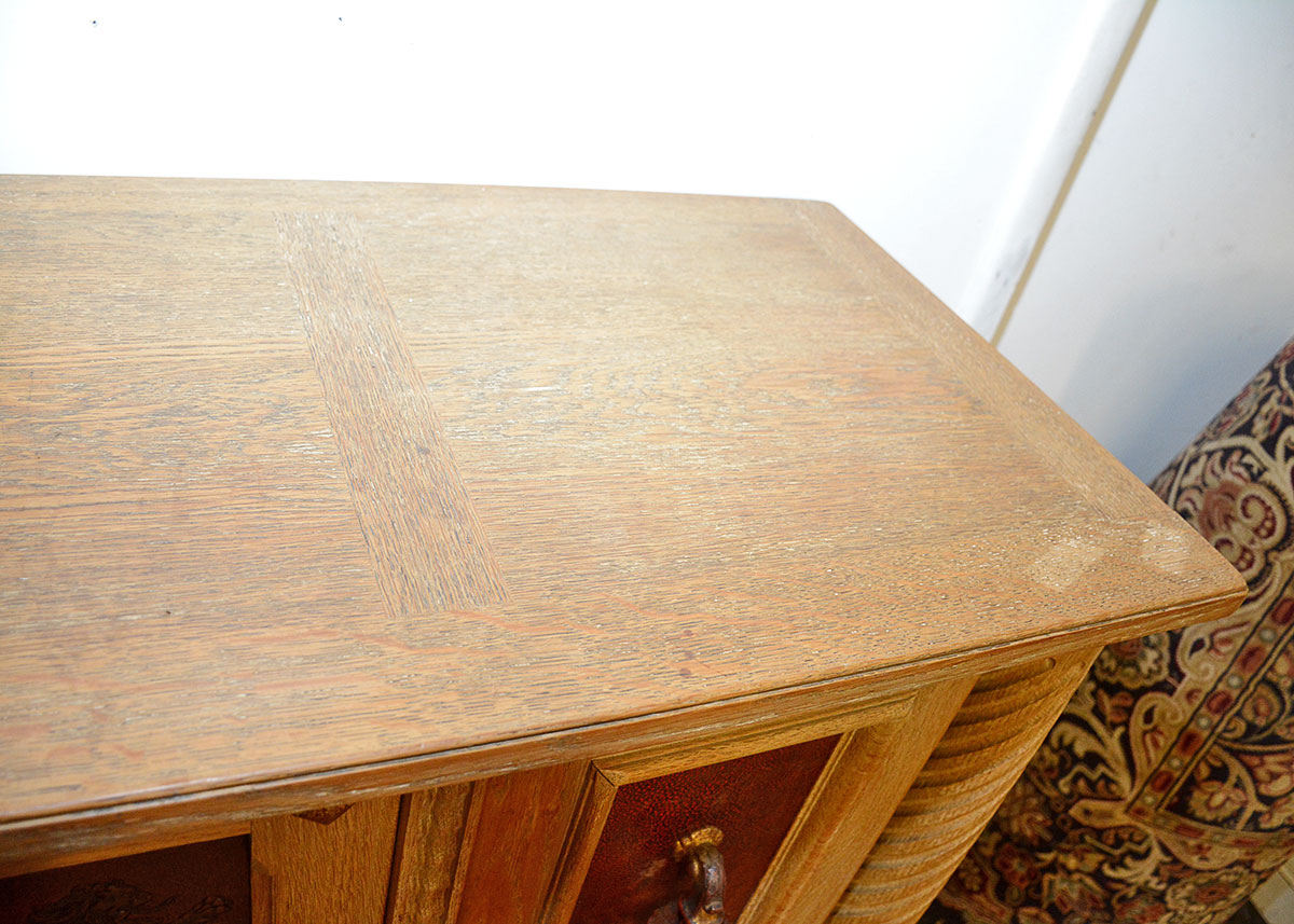 Large French Oak Buffet With Inlaid Tooled Leather Panels