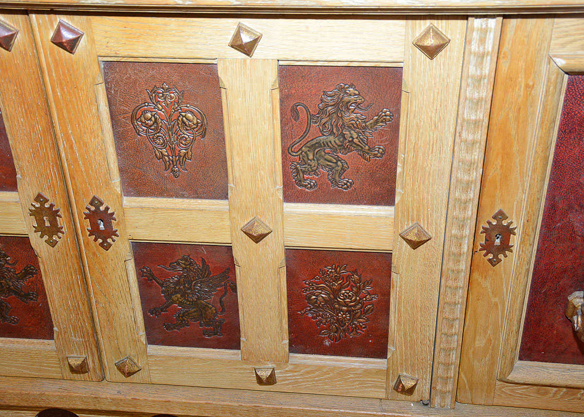 Large French Oak Buffet With Inlaid Tooled Leather Panels