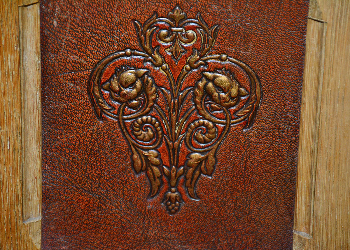Large French Oak Buffet With Inlaid Tooled Leather Panels