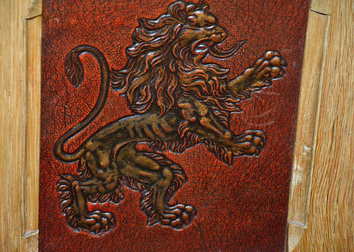 Large French Oak Buffet With Inlaid Tooled Leather Panels