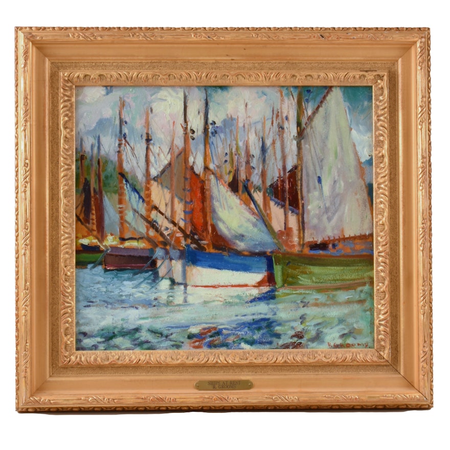 "Ships at Rest"  Oil on Board by Reginald Grooms (1900-1989)