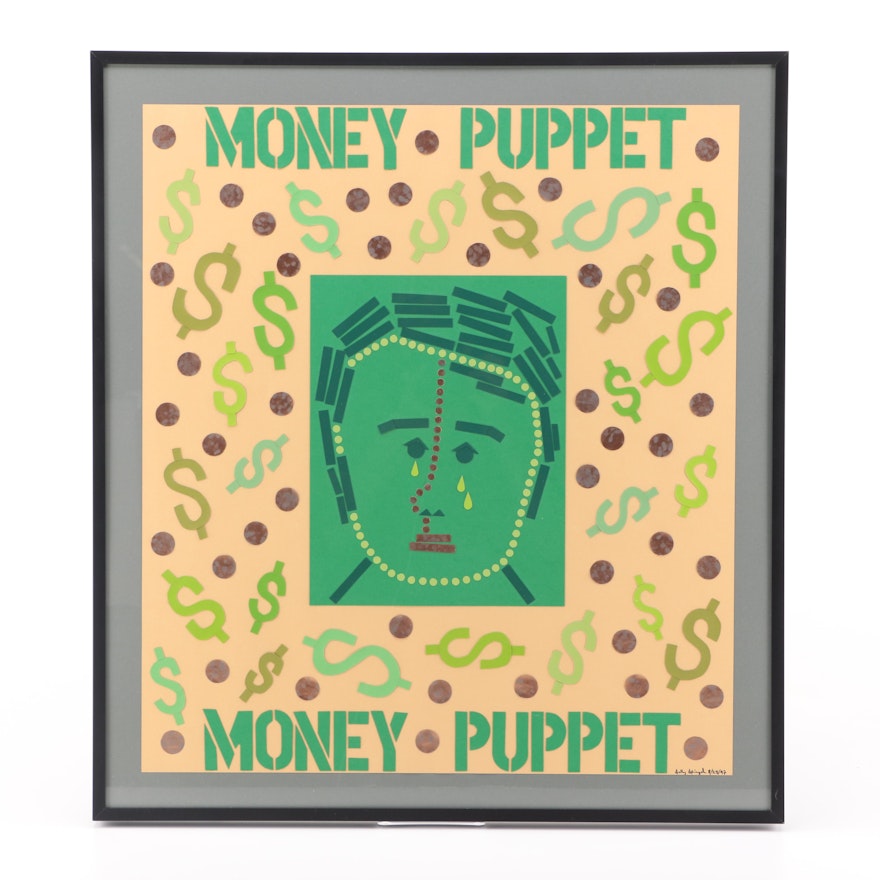 1997 Sally Spiegel Paper Collage "Money Puppet"