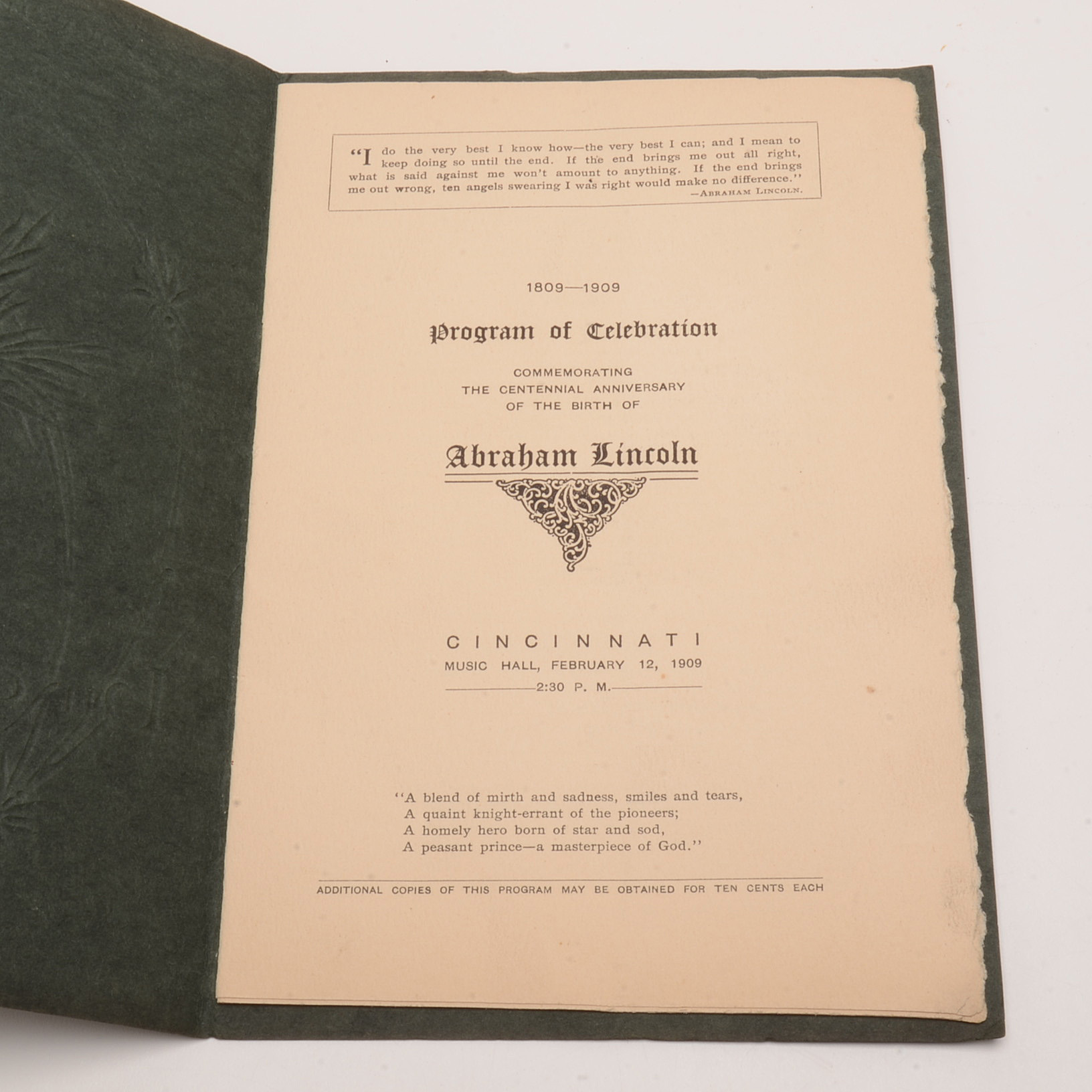 "Lincoln Day Celebration" Pamphlet, Music Hall, Cincinnati, Ohio
