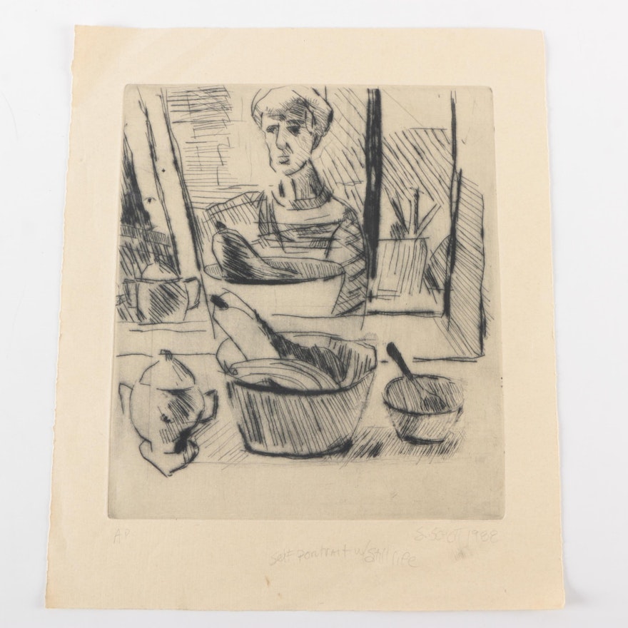 1988 S. Schott Artist's Proof Intaglio on Paper "Self Portrait w/ Still Life"