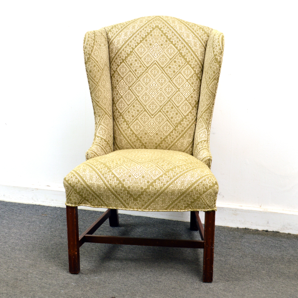 Vintage Green Patterned Upholstered Wingback Chair