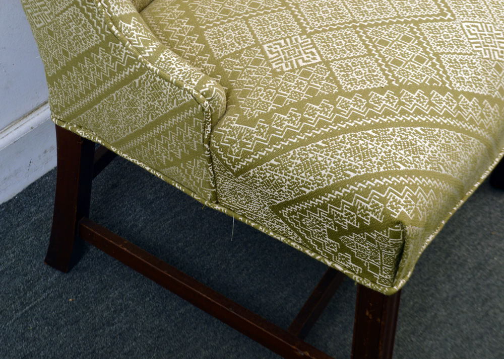 Vintage Green Patterned Upholstered Wingback Chair