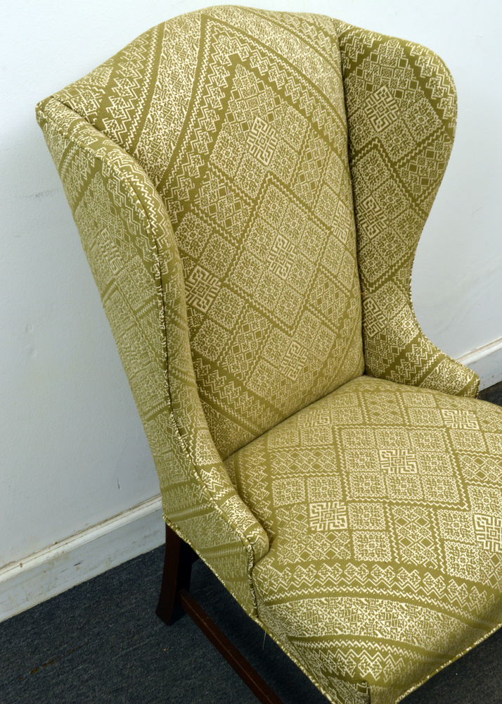Vintage Green Patterned Upholstered Wingback Chair