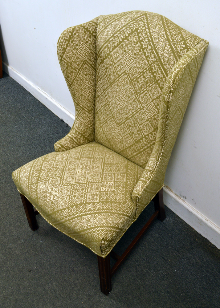 Vintage Green Patterned Upholstered Wingback Chair