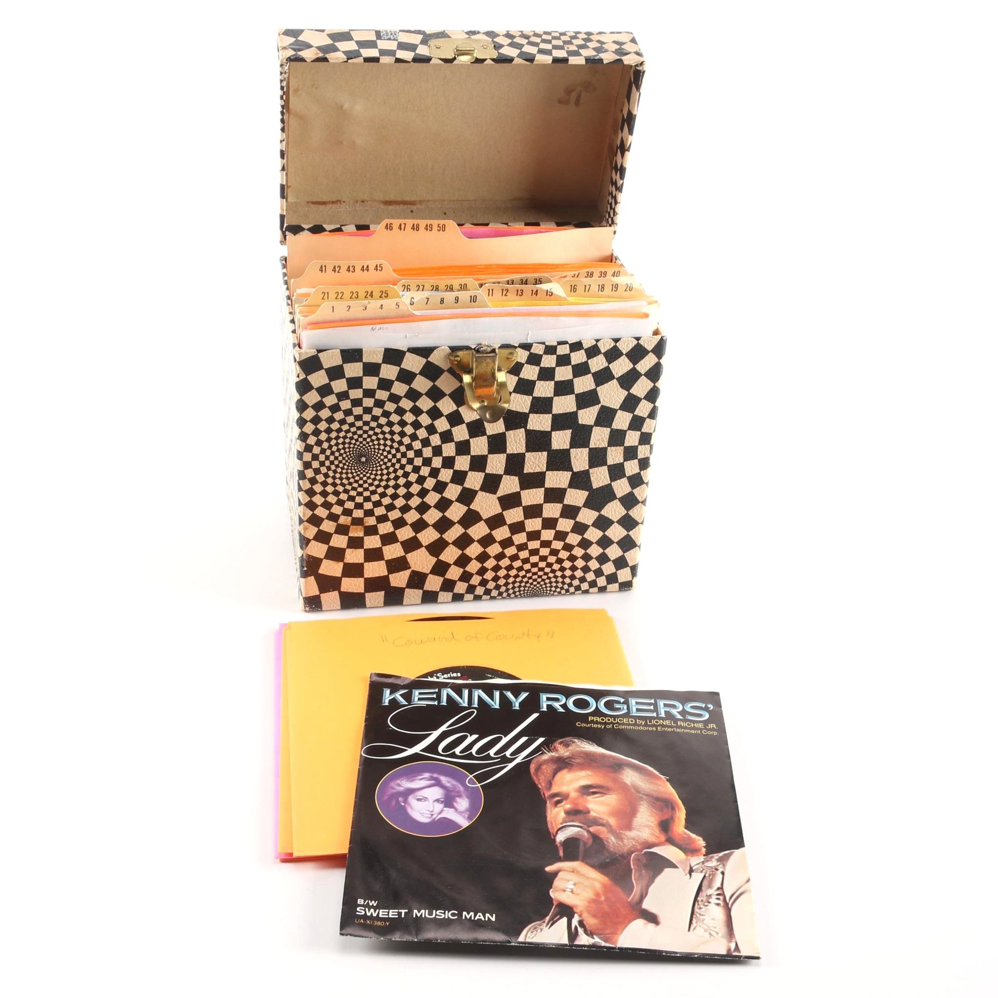 Collection of Country and Pop Singles in Vintage Black and White Carrying Case