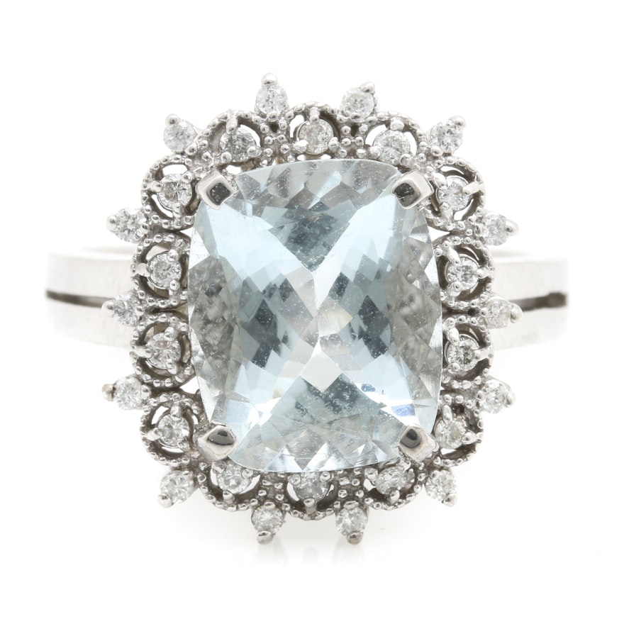 14K White Gold 3.62 CT Aquamarine Diamond Ring