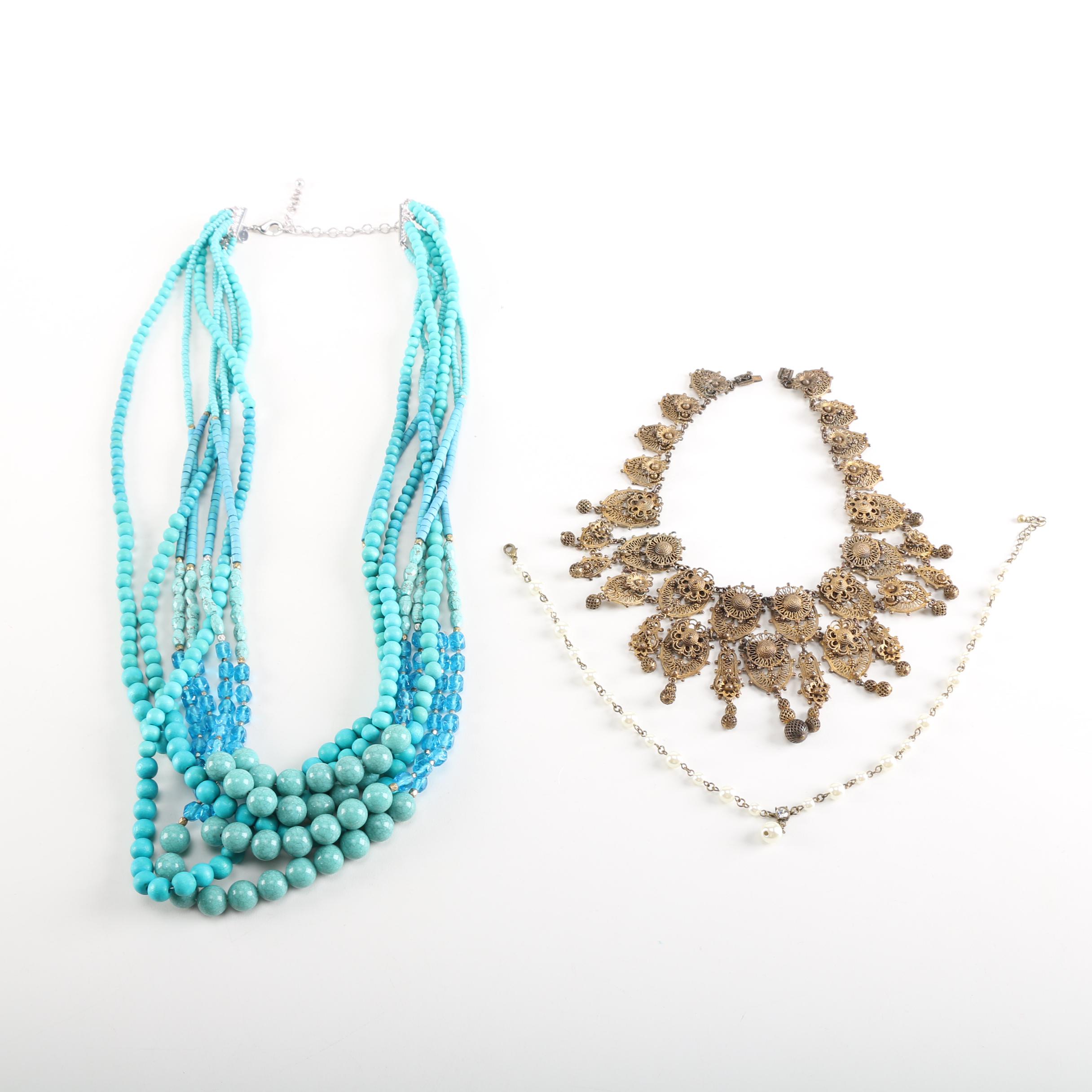 Costume Jewelry Necklaces Including Copper Tone Filigree Style