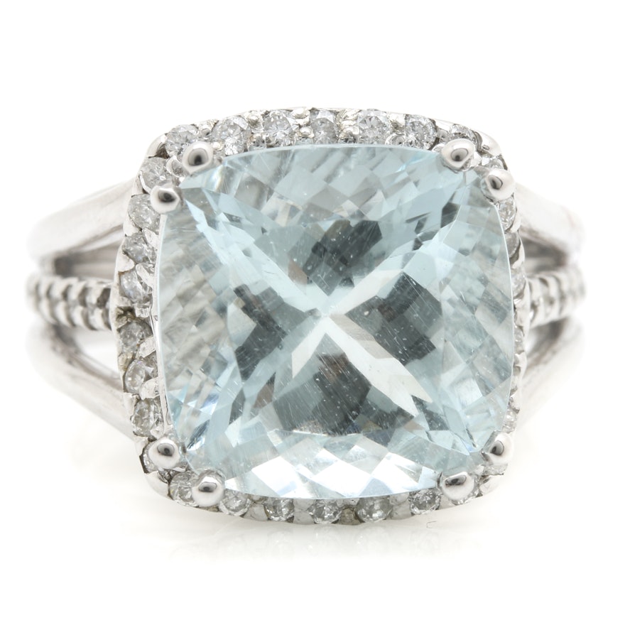 14K White Gold 6.94 CT Aquamarine and Diamond Ring