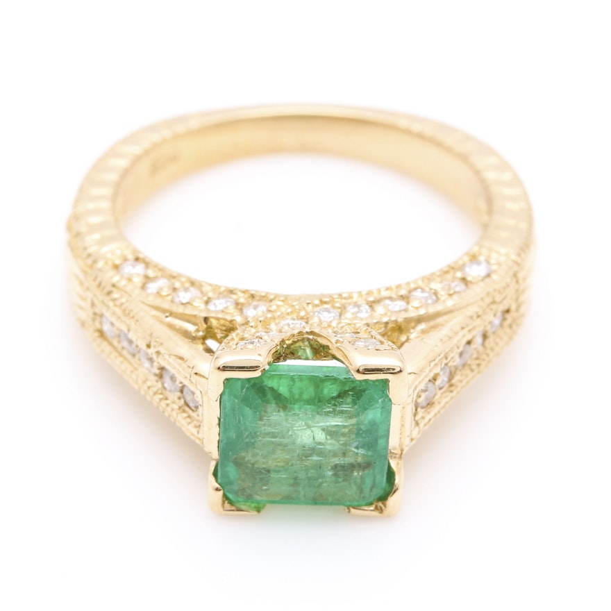 14K Yellow Gold 1.21 CT Emerald and Diamond Ring