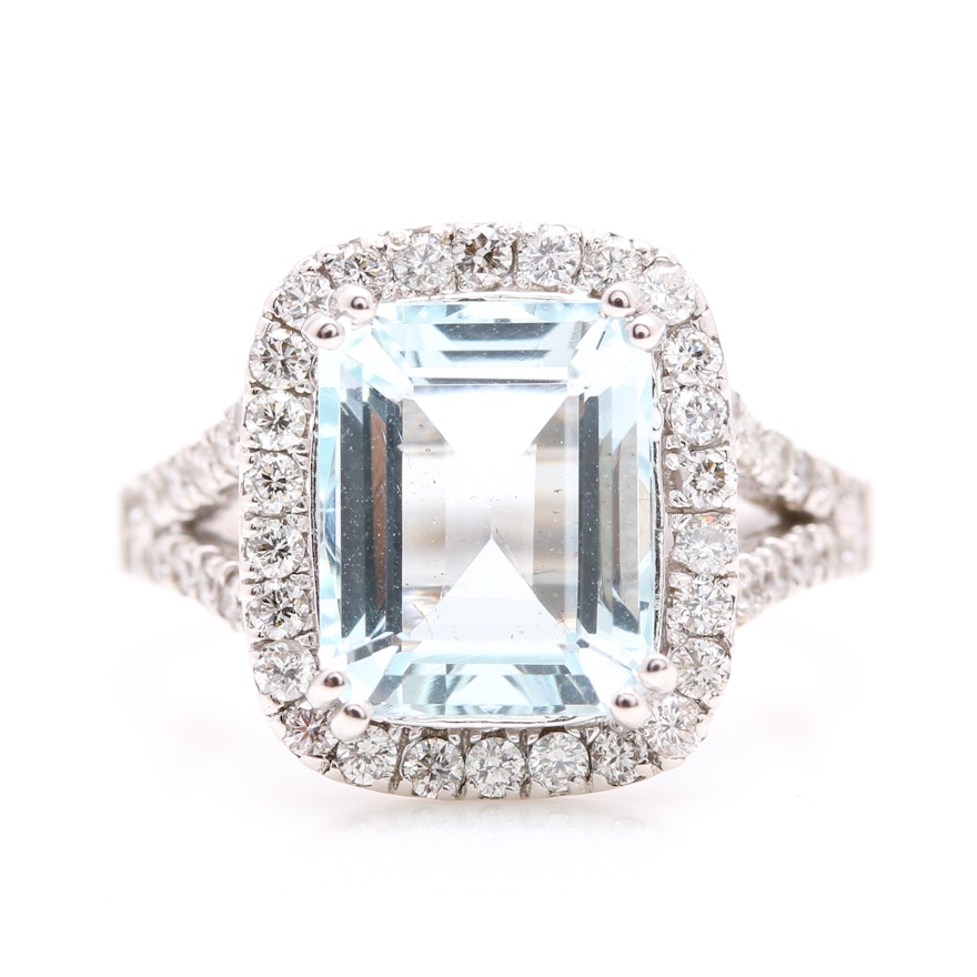 14K White Gold 3.01 CT Aquamarine and Diamond Ring