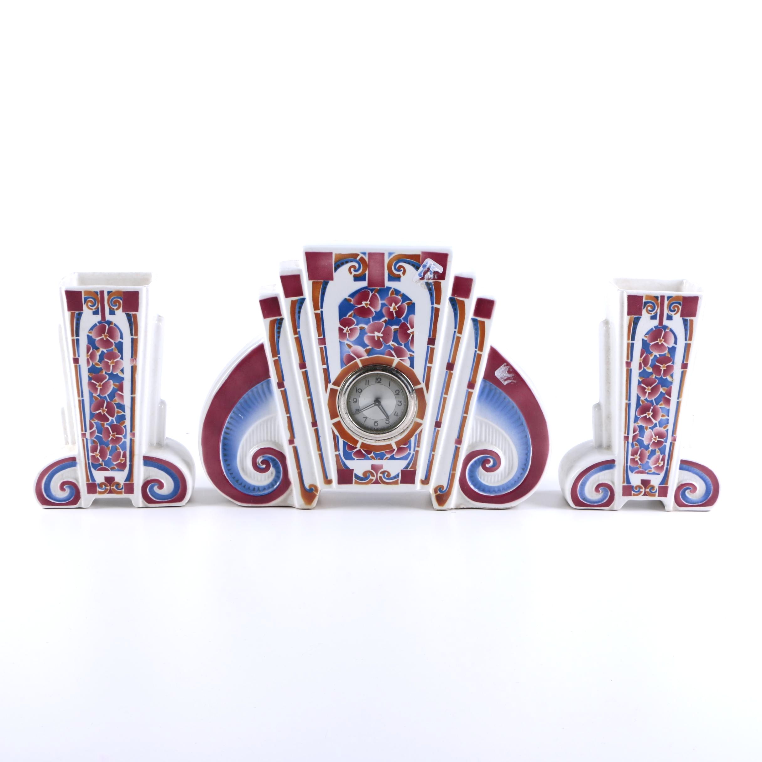 Ceranord St. Amand Mantle Clock and Vase Set.