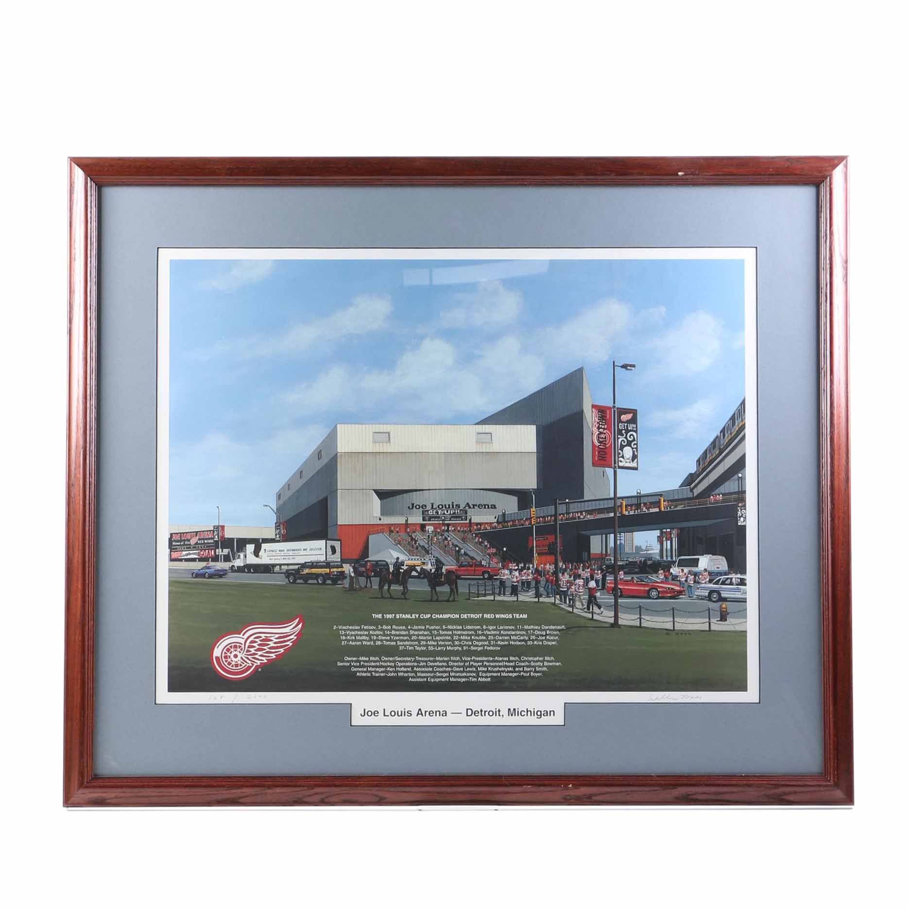 William Man Offset Lithograph of Joe Louis Arena and 1997 Stanley Cup Detroit Red Wings