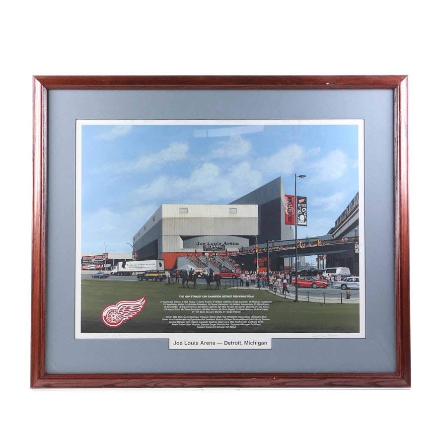 William Man Offset Lithograph of Joe Louis Arena and 1997 Stanley Cup Detroit Red Wings