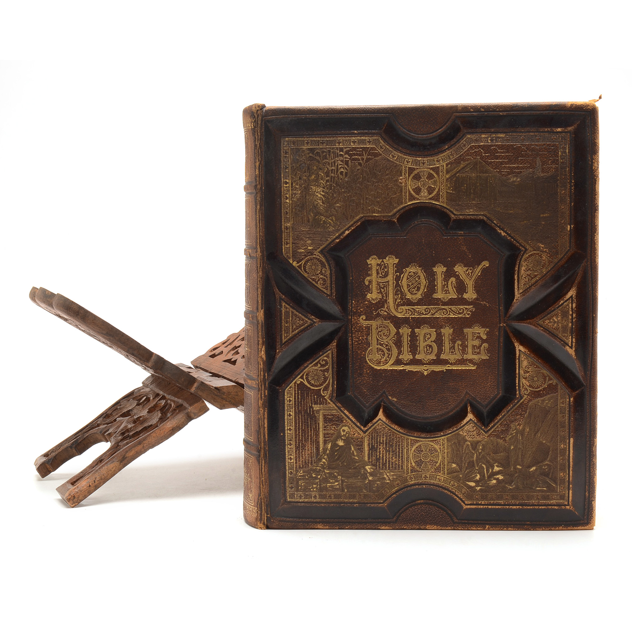 Antique 1891 Complete Text Pictorial Family Bible with Book Stand