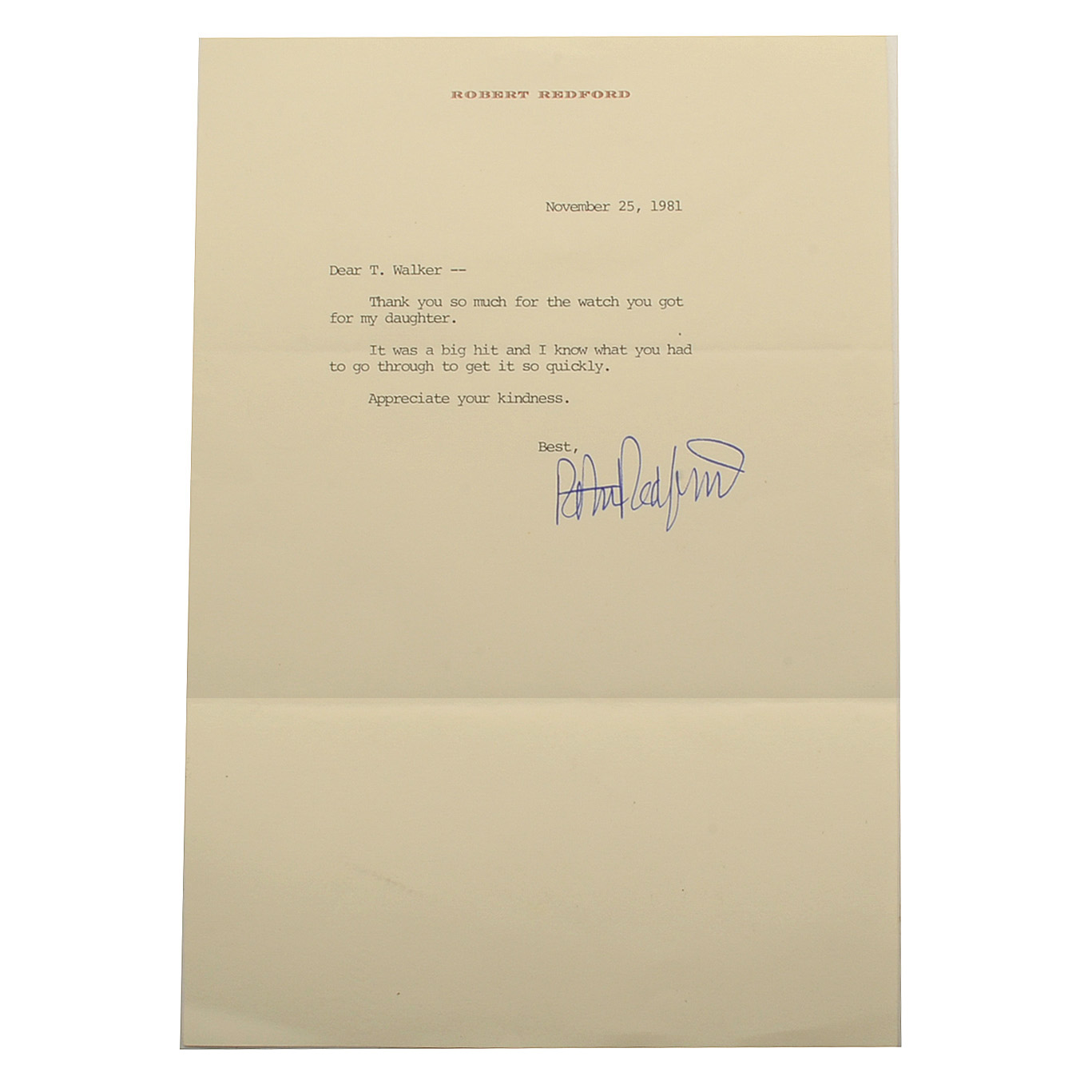 Robert Redford Signed Personal Letter