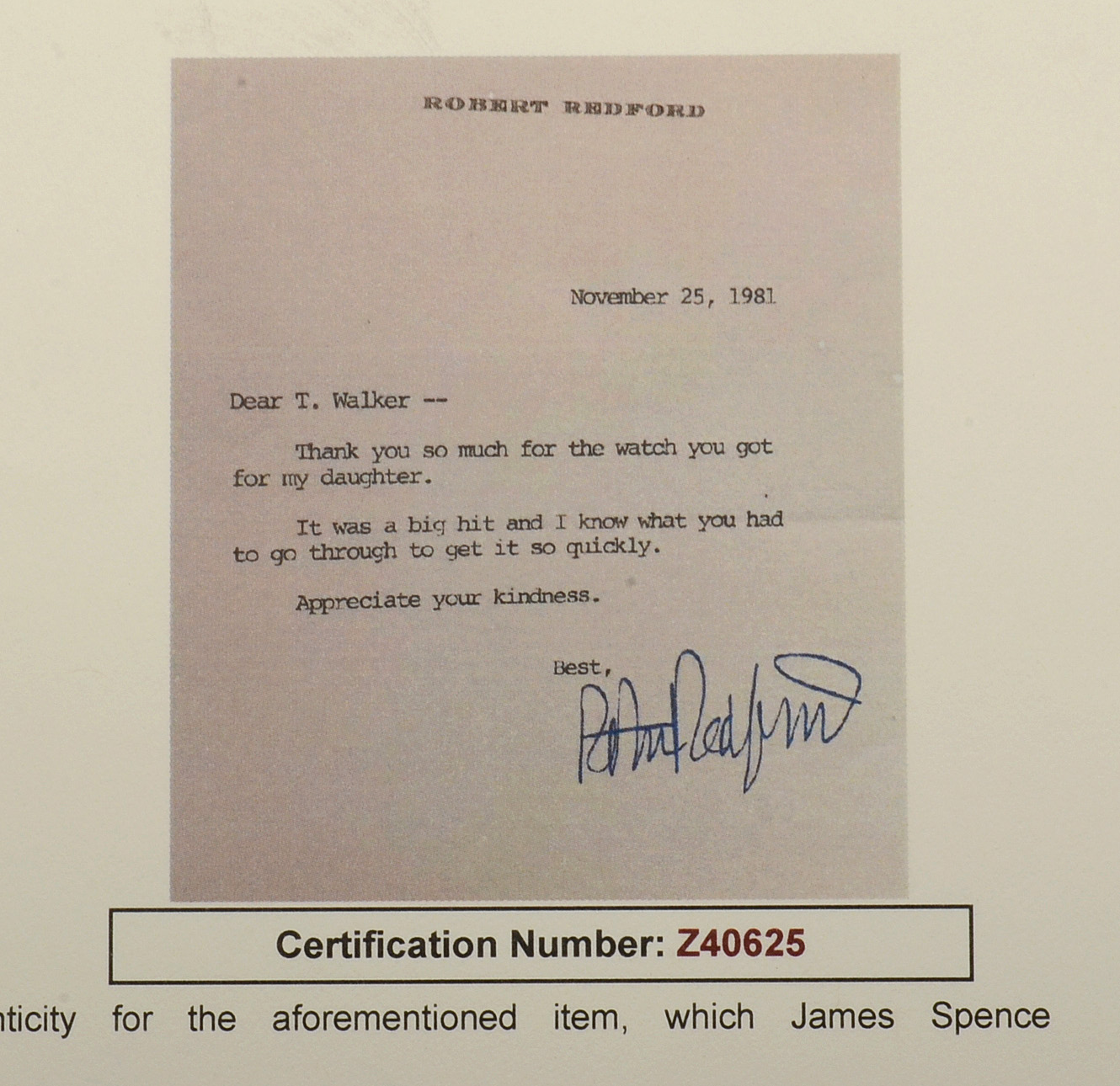 Robert Redford Signed Personal Letter