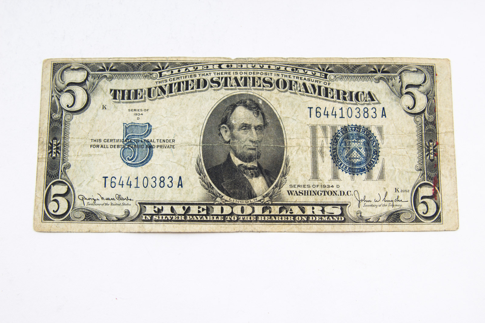 Series 1934D Five Dollar Silver Certificate and Series 1963 Red Seal Two Dollar Bill