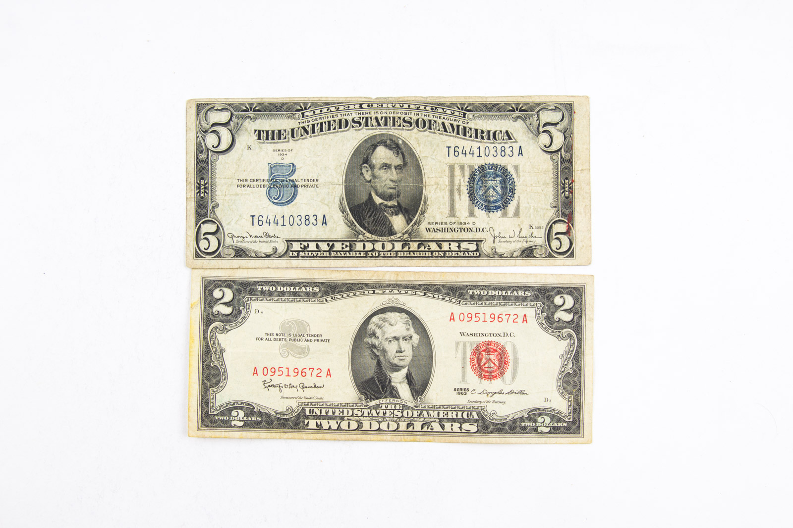 Series 1934D Five Dollar Silver Certificate and Series 1963 Red Seal Two Dollar Bill