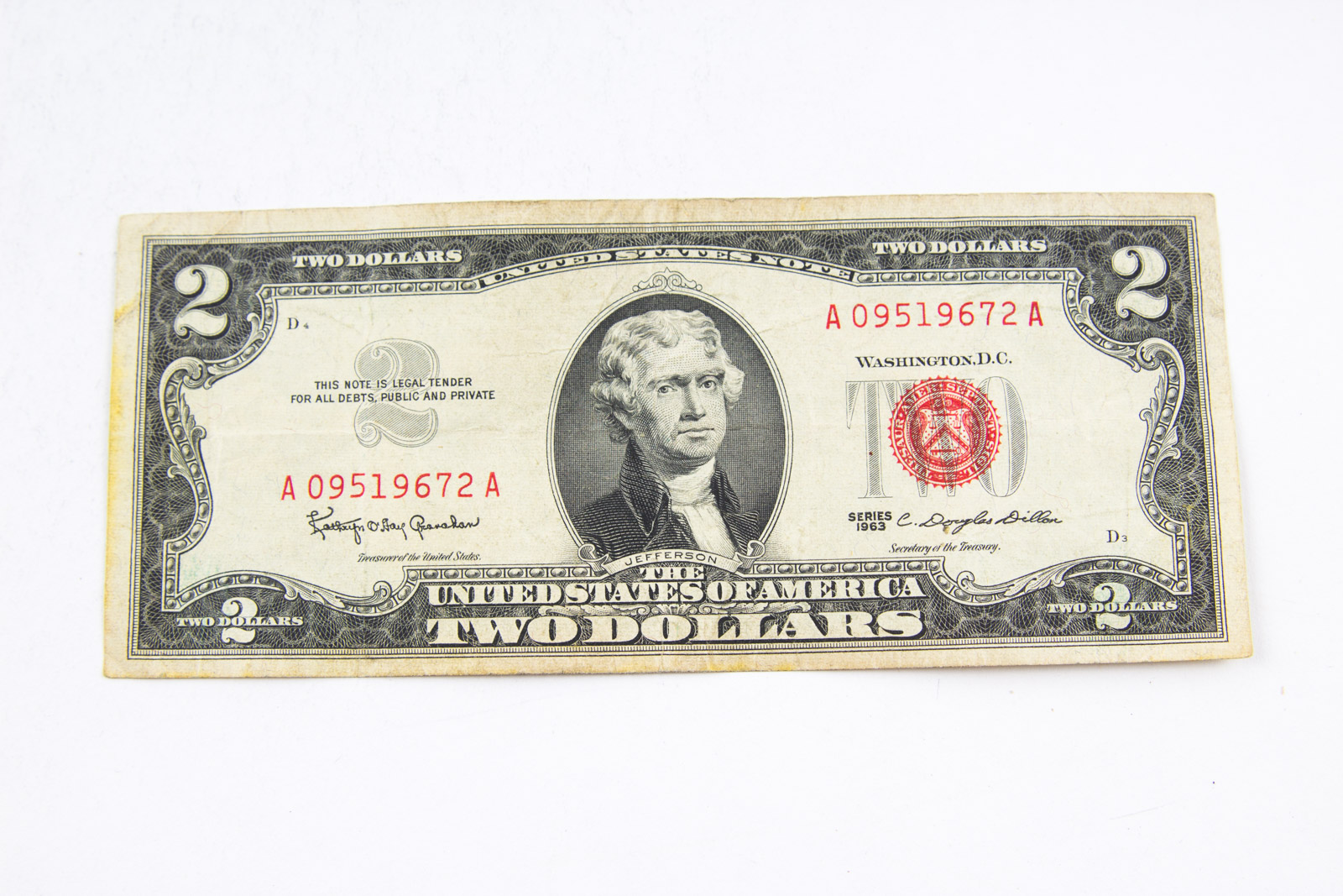 Series 1934D Five Dollar Silver Certificate and Series 1963 Red Seal Two Dollar Bill