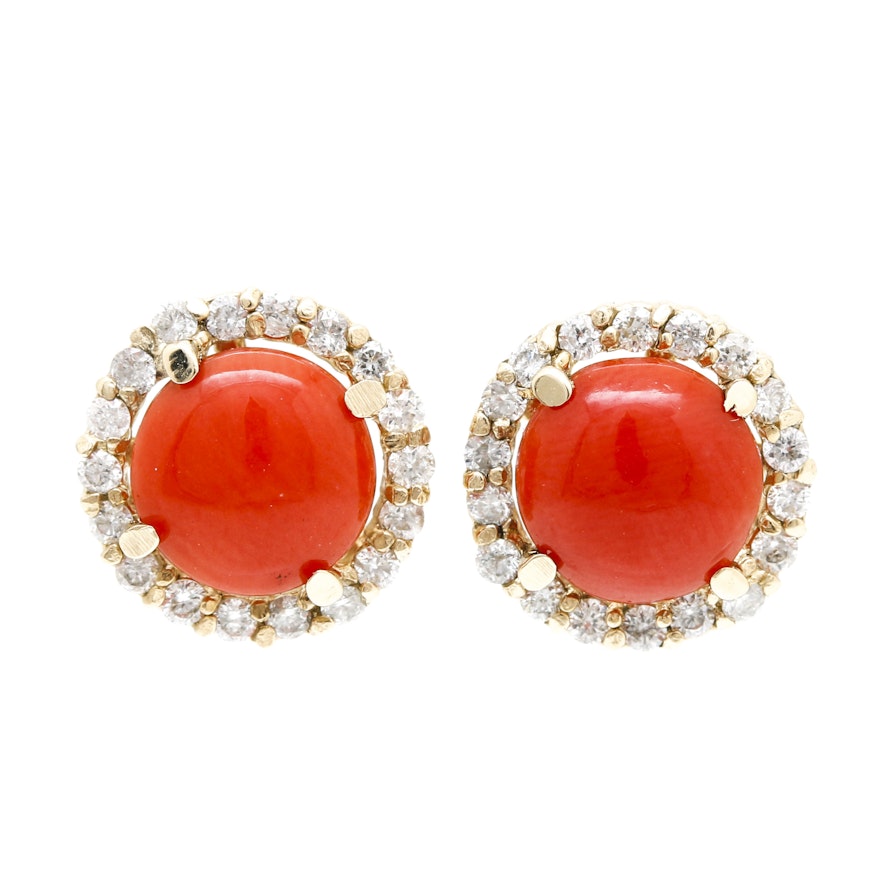 14K Yellow Gold Coral and Diamond Halo Earrings