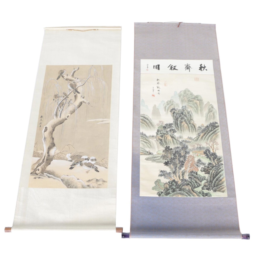 Pair of Japanese Hanging Scrolls on Paper and Silk