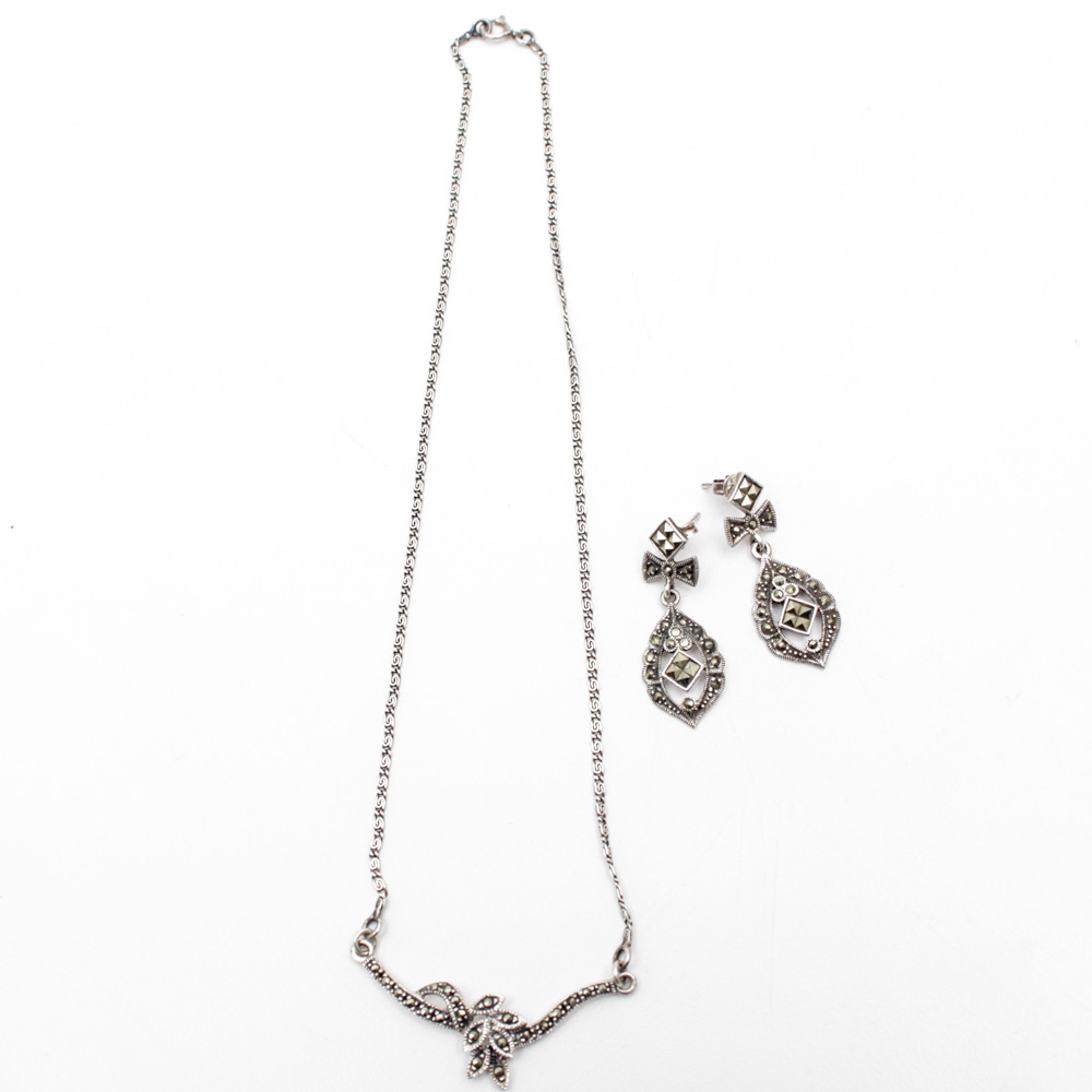 Sterling Silver and Marcasite Necklace and Earring Set