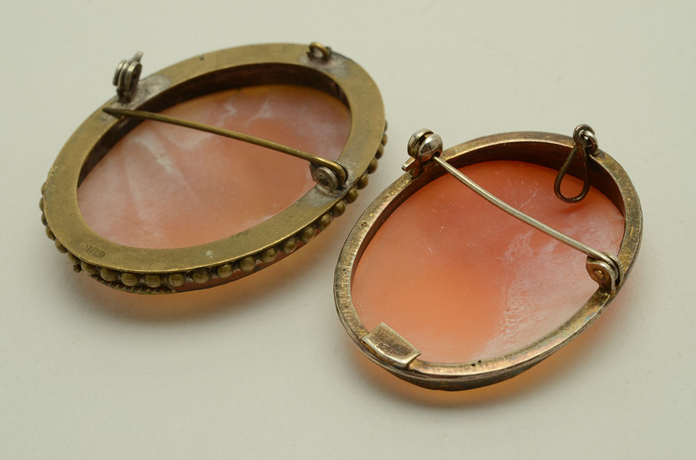 Two Vintage Shell Cameo Pendant Brooches in Silver Settings