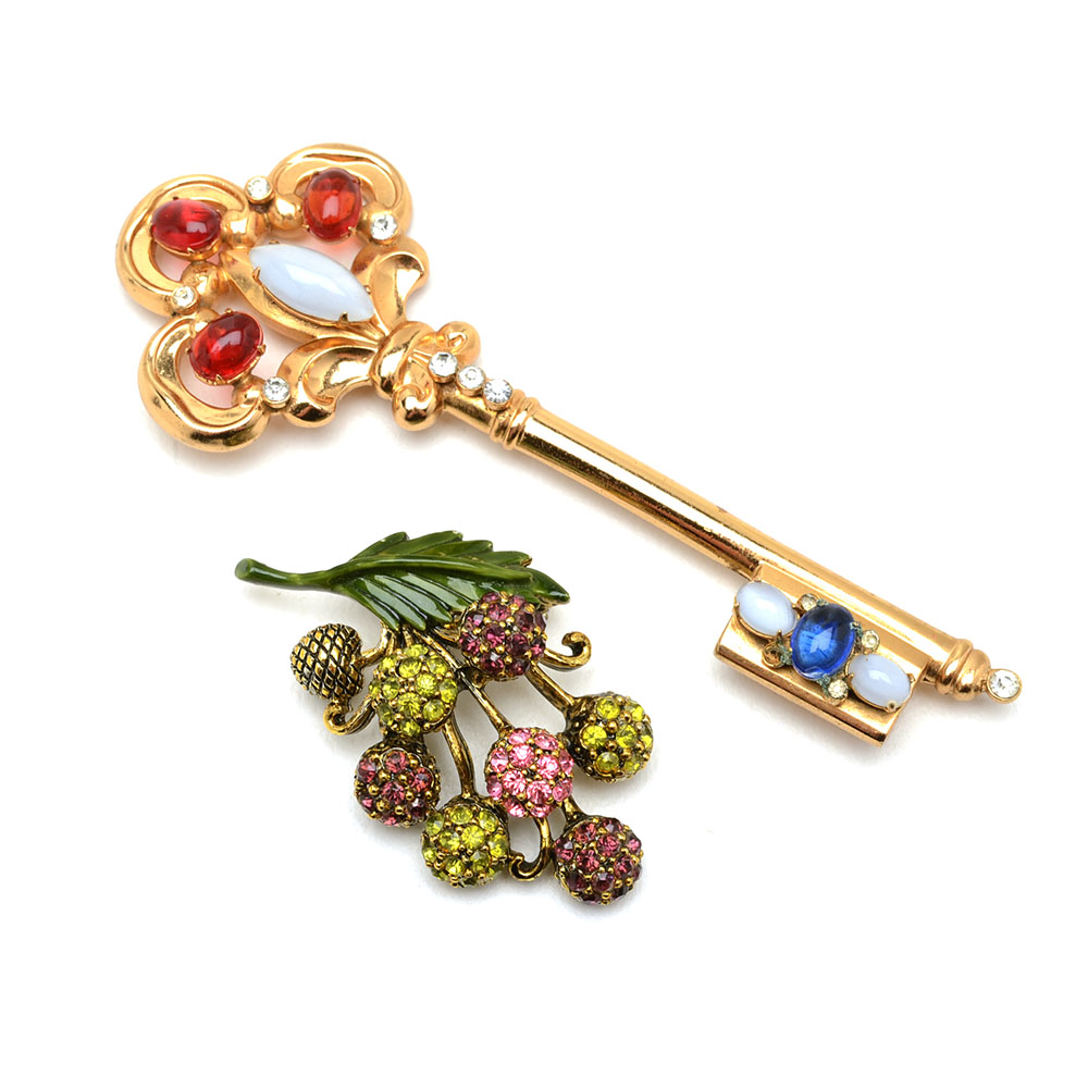 Vintage Coro "Royal Key" Brooch and Hollycraft Floral Brooch