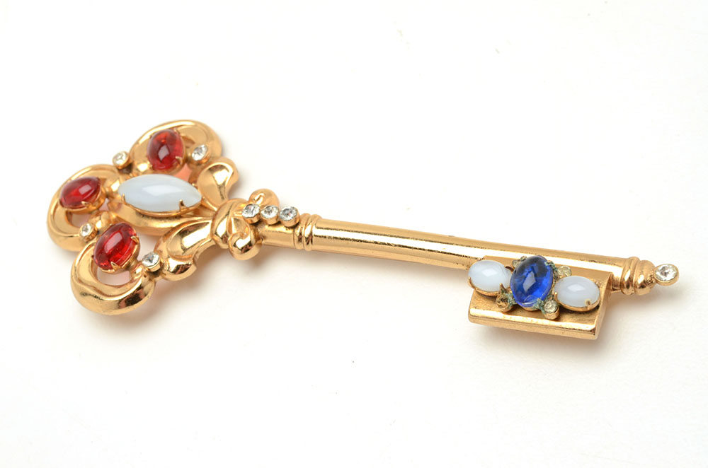 Vintage Coro "Royal Key" Brooch and Hollycraft Floral Brooch