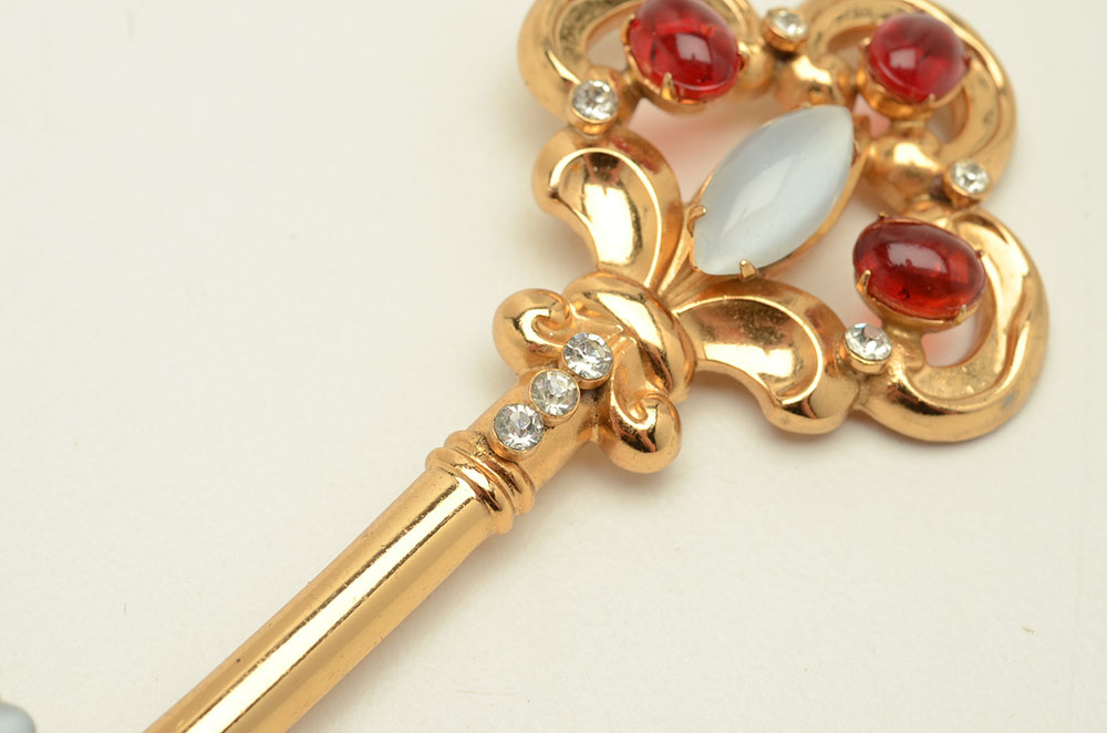 Vintage Coro "Royal Key" Brooch and Hollycraft Floral Brooch