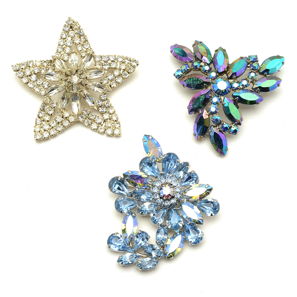 Three Vintage Rhinestone Costume Brooches