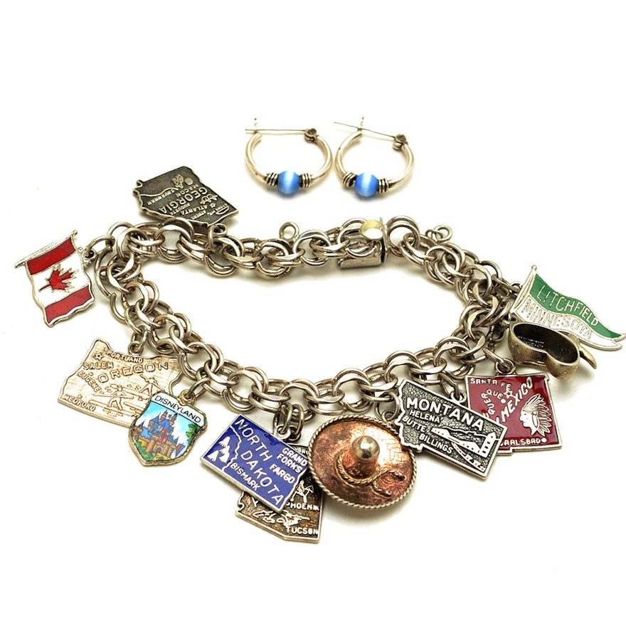 Vintage Krementz Sterling Charm Bracelet and Sterling Earrings